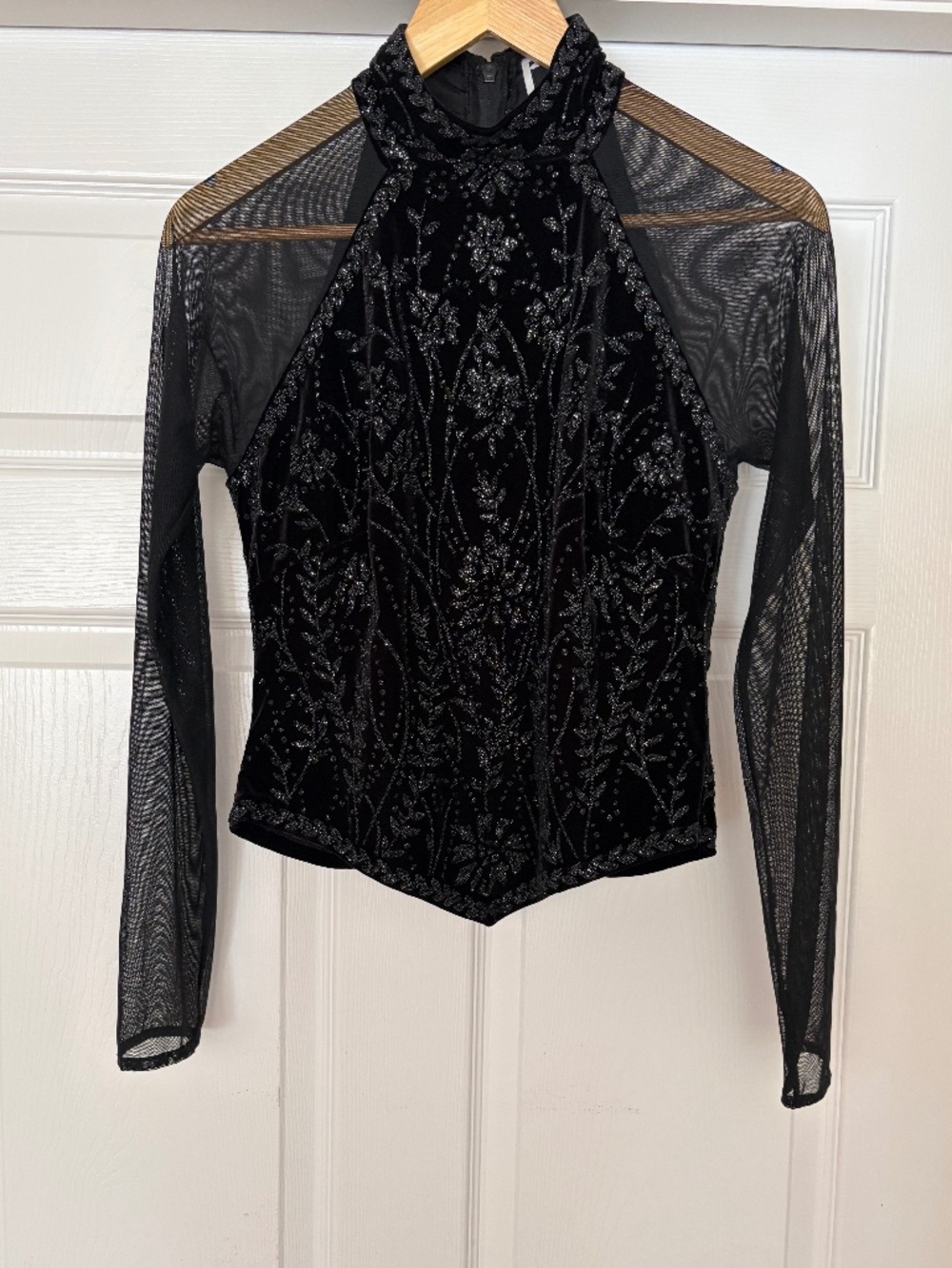 Vintage Tadashi Beaded Velvet Mesh Top Mock Neck Black Sheer Sleeve Blouse Fits